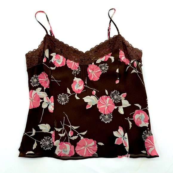 Ann Taylor Vintage Y2K‎ Cami Top Size 4 Silk Brown Pink Floral Lace - Picture 1 of 11